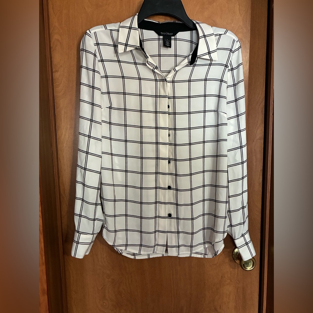 White House Black Market White Button-Down with Business Work Black Plaid Size 4